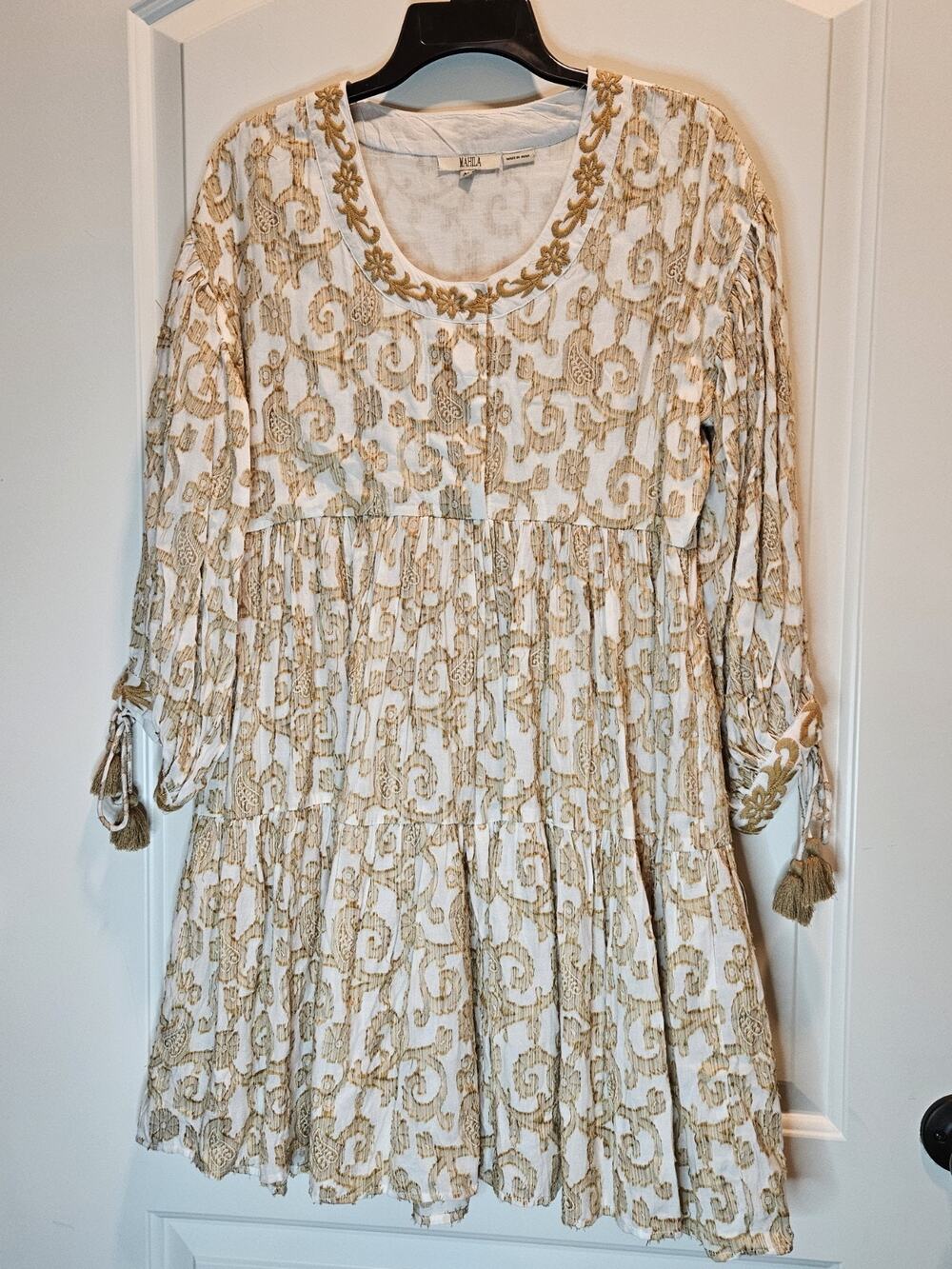 NWOT Anthropologie Mahila Embroidered Golden Yellow White Dress Sz M Tie Tiered